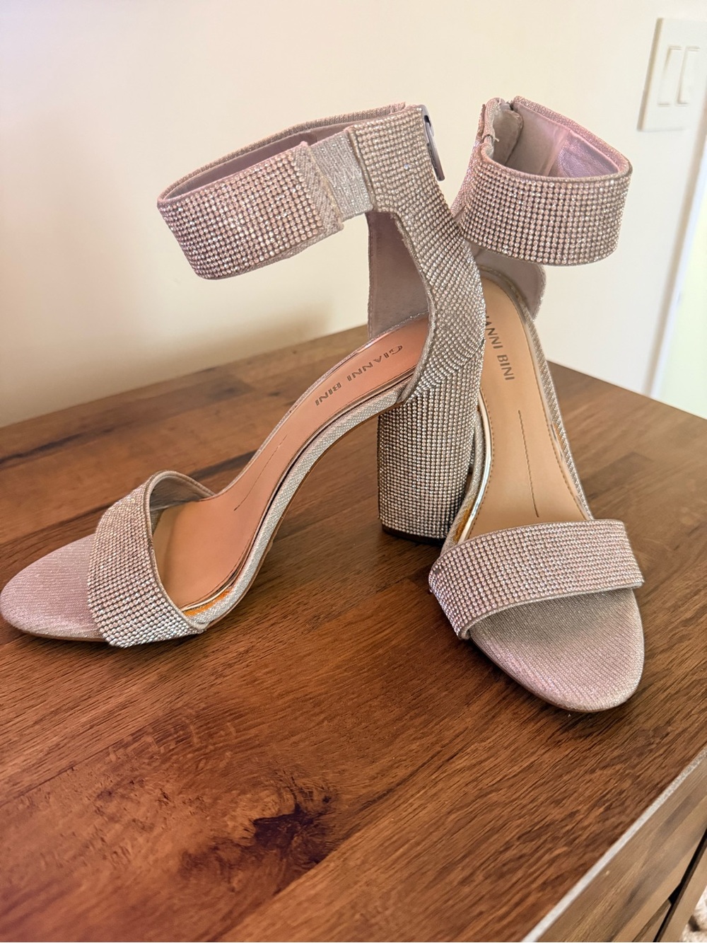 Gianni Bini Blush Crystal Embellished Block Heel Sandals